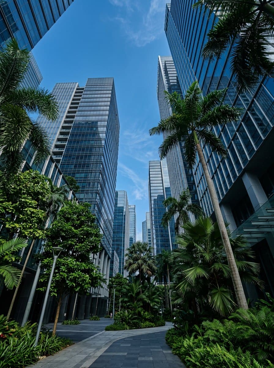 Office towers and greenery in a business district