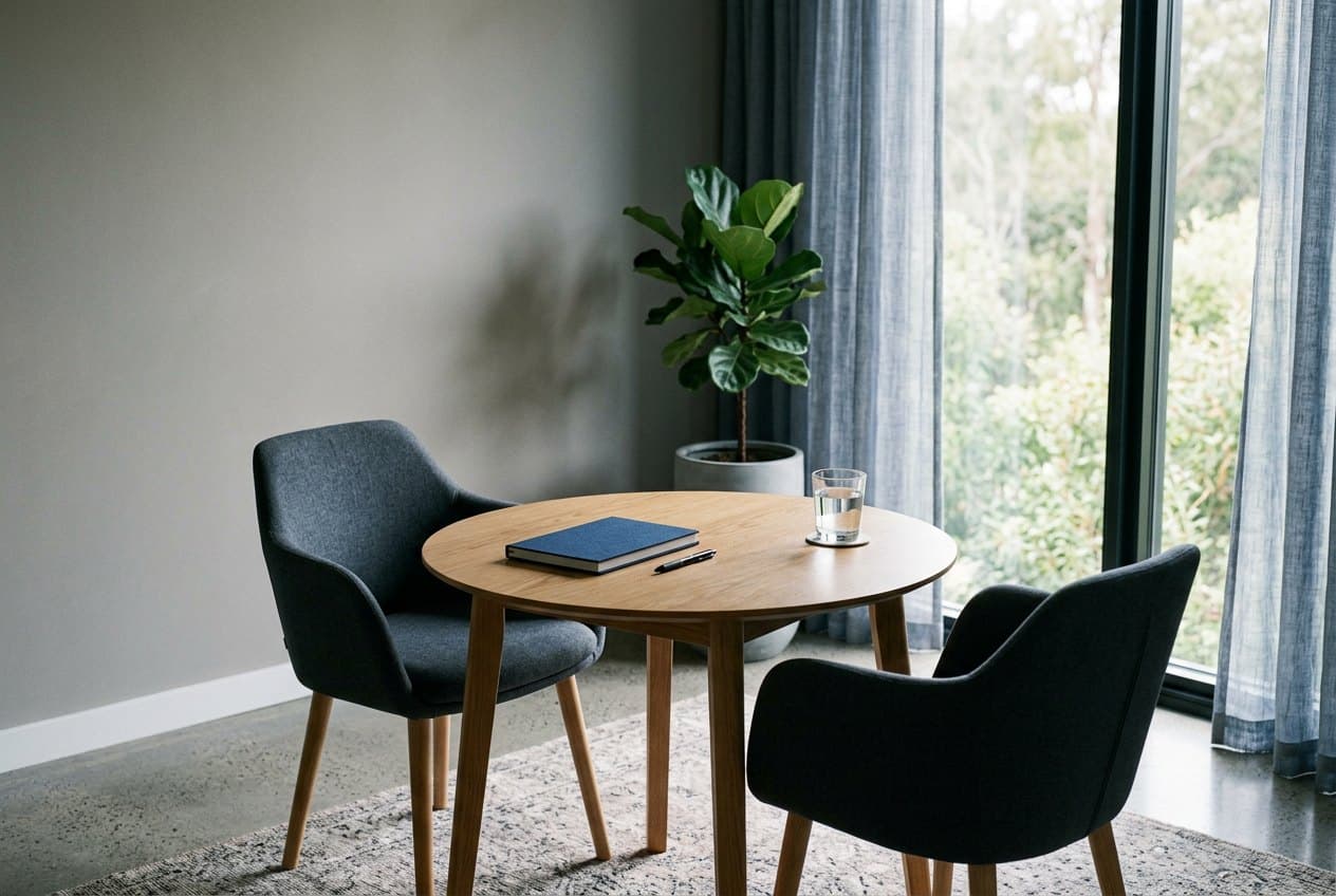 A calm meeting room set for a first conversation