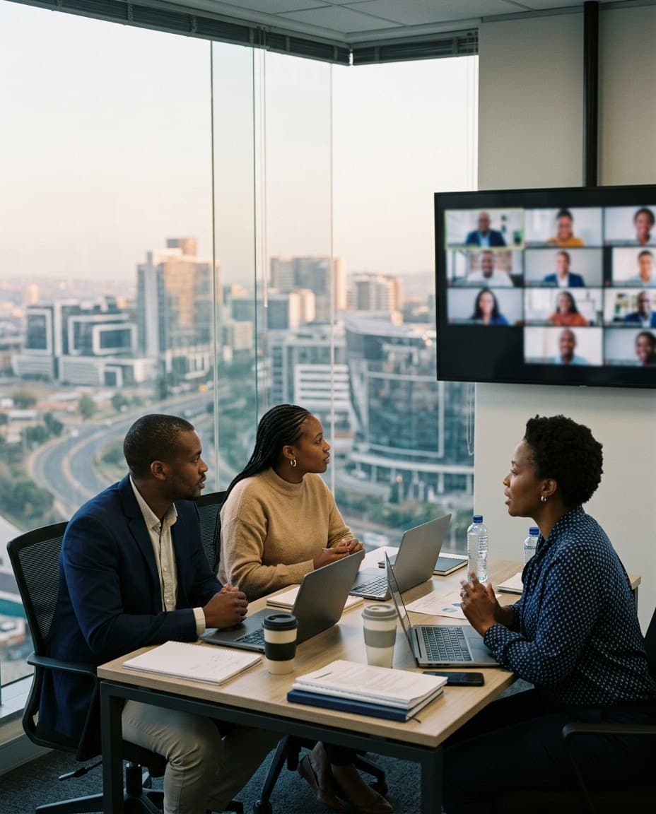 Professionals in a meeting room on a video call with international counterparts