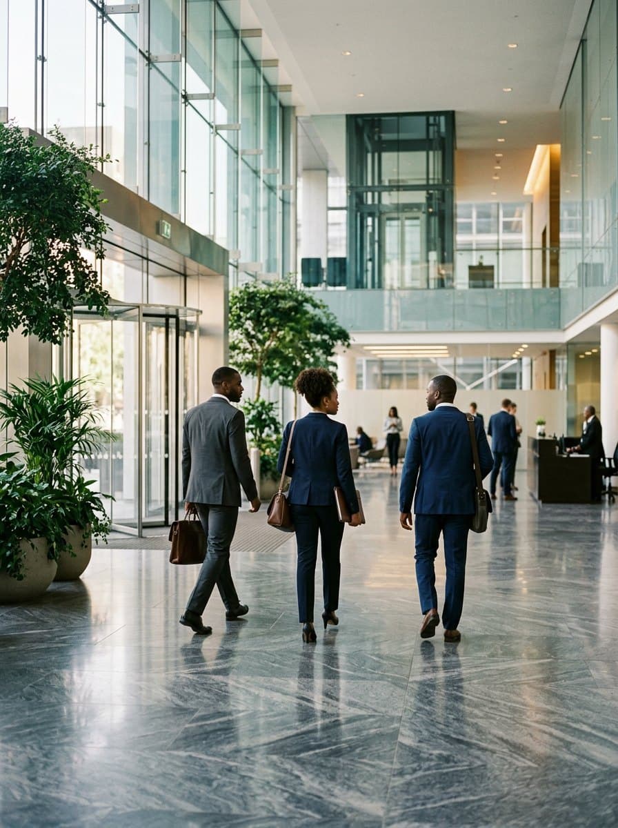 Business professionals arriving at a modern office building